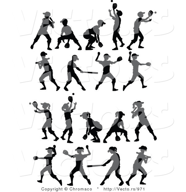 Vector of 18 Unique Boys and Girls Playing Baseball and Softball - Silhouette