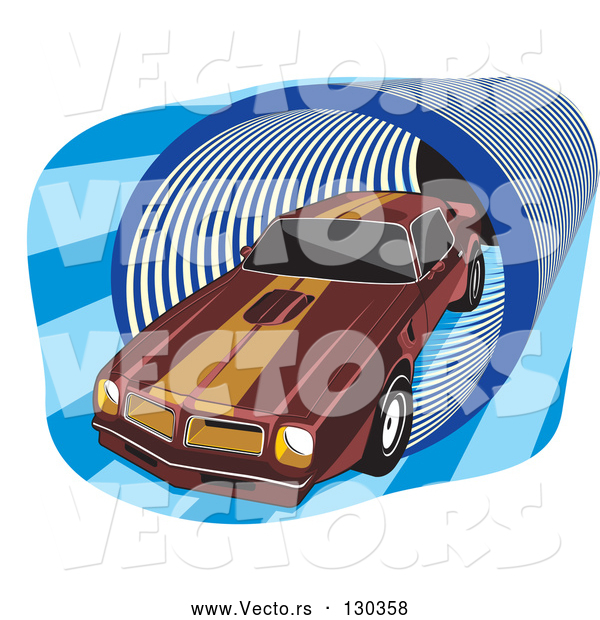 Vector of 1977 Dark Red Pontiac Trans Am with Orange Racing Stripes on the Roof and Hood, Driving Through a Blue Tunnel