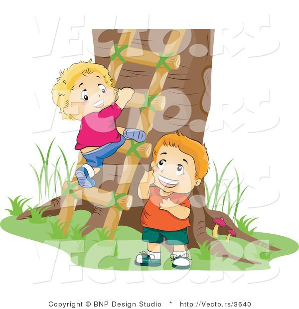 Vector of 2 Boys Climbing a Ladder to a Tree House