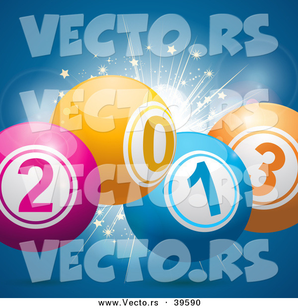 Vector of 2013 New Year Bingo Balls over Fireworks Bursting on Blue Background