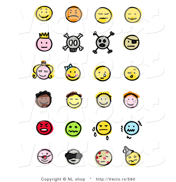 Vector of 24 Smileys; Happy, Mad, Depressed, Royal, Skull, Pirate, Children, Crying, and Sick