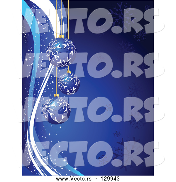 Vector of 3 Dark Blue Christmas Ornaments with White Snowflake Patterns, over a Gradient Blue Background with Snow Flakes and Sparkles