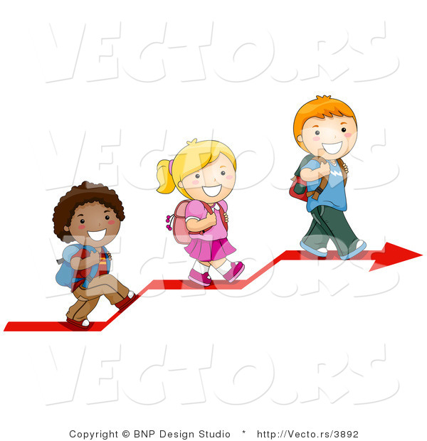 Vector of 3 Diverse Cartoon School Kids Walking up on an Arrow