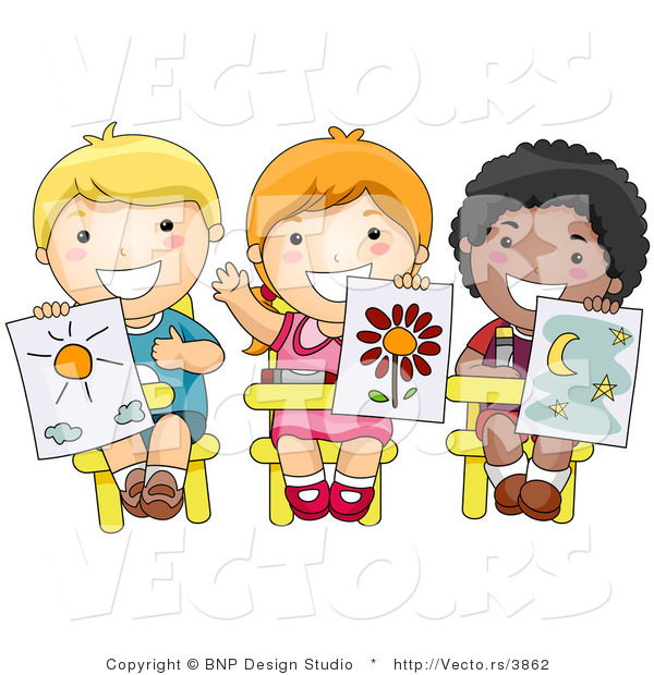 Vector of 3 Happy Diverse School Kids Holding up Their Drawings in Art Class