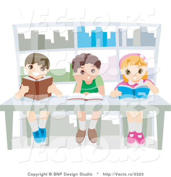 Vector of 3 Happy Young School Kids Reading Books in a Library