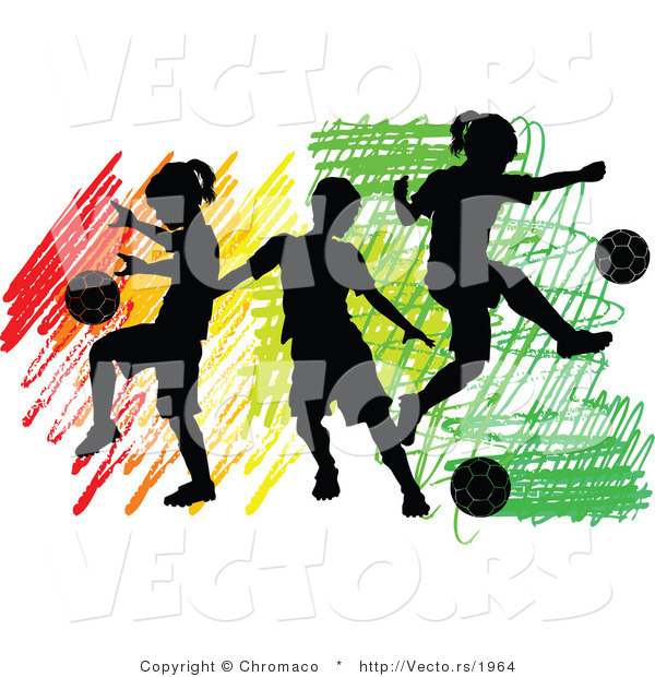 Vector of 3 Silhouetted Children Playing Soccer Ball over Colorful Scribbles