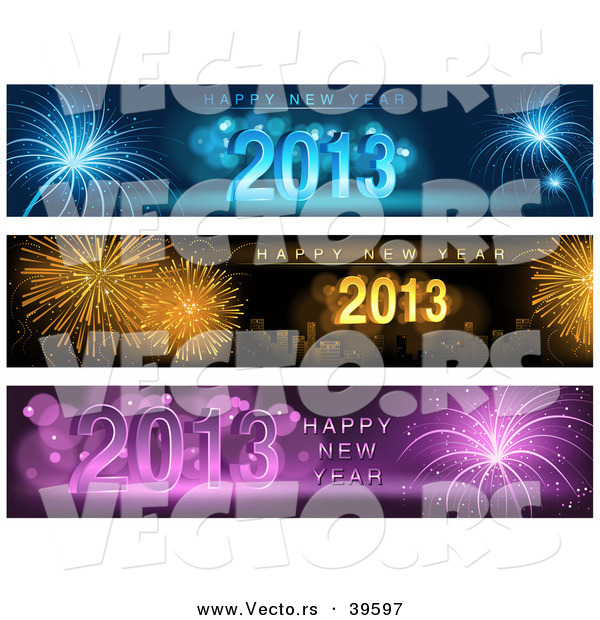 Vector of 3 Unique Firework Happy New Year 2013 Banners