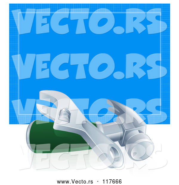 Vector of 3d Adjustable Wrench and Hammer in Front of Blueprint Paper