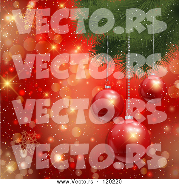 Vector of 3d Baubles Hanging from a Christmas Tree over Gold Bokeh and Red Snowflakes
