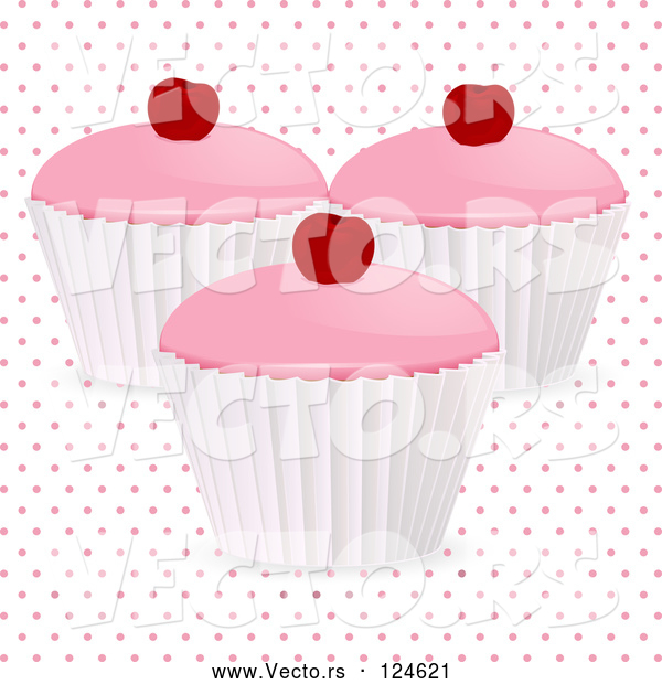 Vector of 3d Cherry Cupcakes over Polka Dots