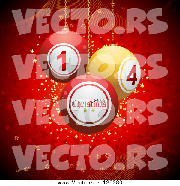 Vector of 3d Christmas Disco Balls Suspended over Red with Waves and Stars