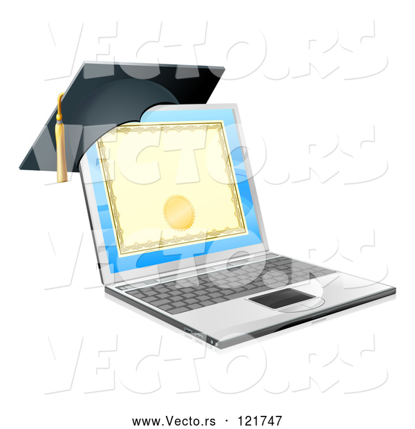 Vector of 3d Diploma or Degree on a Laptop Screen with a Graduation Cap