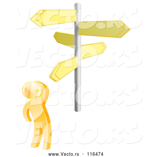 Vector of 3d Gold Guy at Crossroads Signs