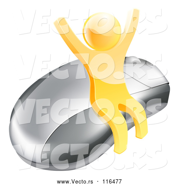 Vector of 3d Gold Man Cheering and Sitting on a Computer Mouse