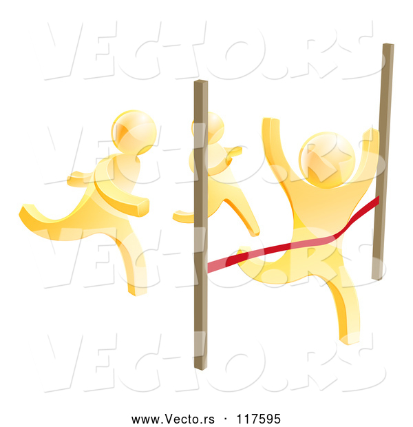 Vector of 3d Gold Men Racing, One Crossing the Finish Line