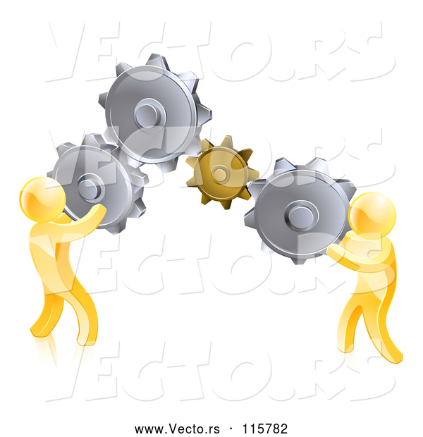 Vector of 3d Gold People Connecting Two Giant Gear Cogs