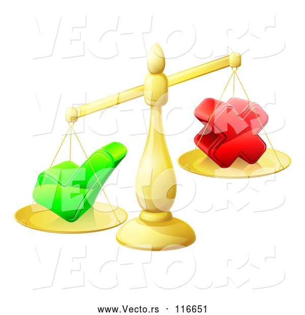 Vector of 3d Gold Scales Weighing a Decision Check Mark and X Cross