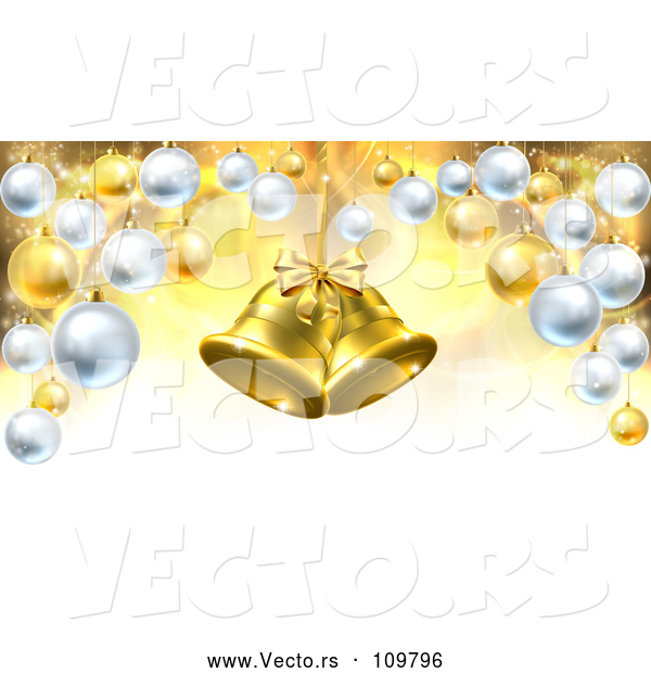 Vector of 3d Golden Christmas Bells Suspended over a Background with Baubles