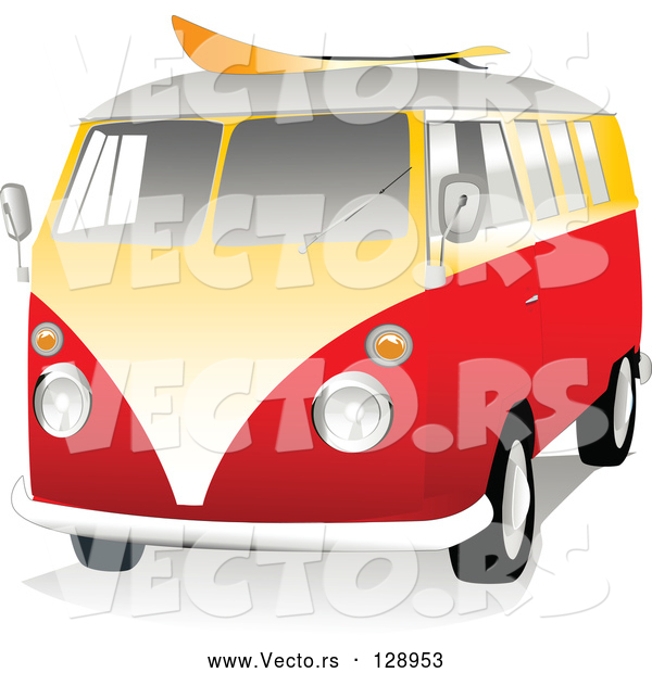 Vector of 3d Orange and Yellow VW Van with a Surf Board on the Roof