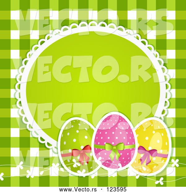 Vector of 3d Polka Dot Easter Eggs with a Blank Frame over Green Gingham