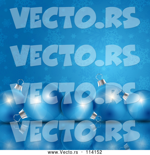 Vector of 3d Row of Christmas Baubles on a Reflective Surface over Blue and Snowflakes