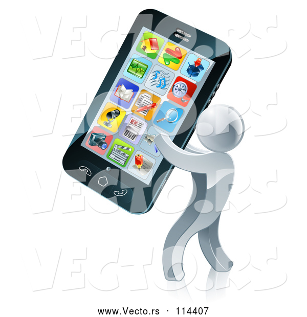 Vector of 3d Silver Guy Carrying a Giant Smart Phone