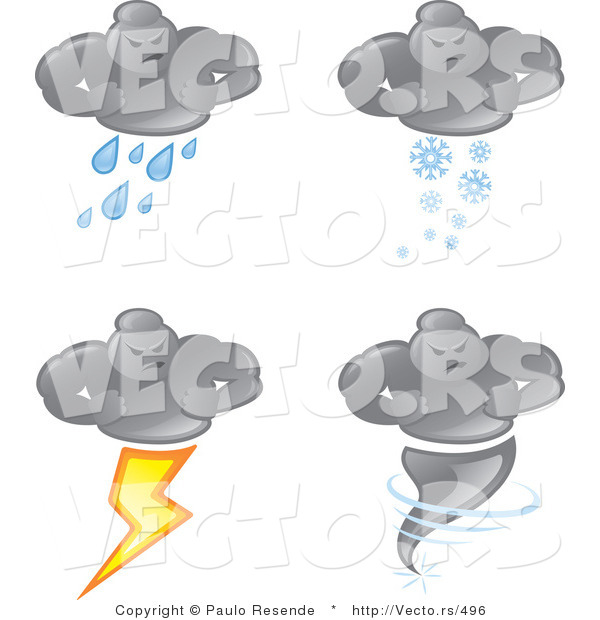 Vector of 4 Bad Weather Man Icons: Cloud Raining, Snowing, Lightning Strikes, and a Tornado