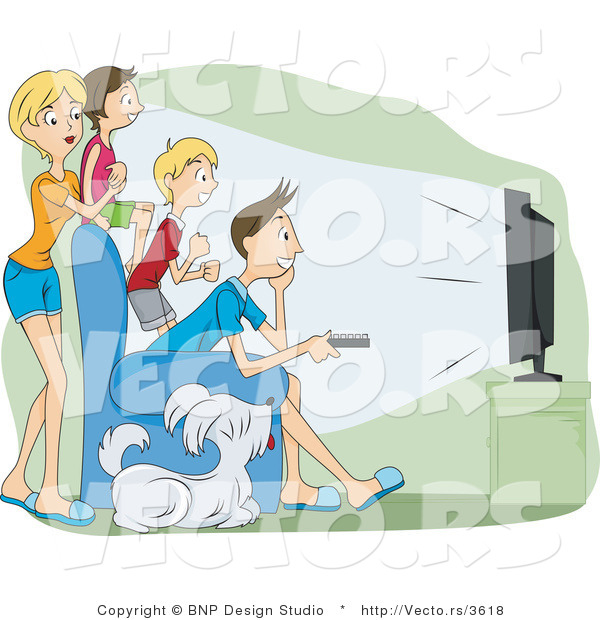 Vector of 4 Family Members and Their Dog Watching Television in a Theater Room