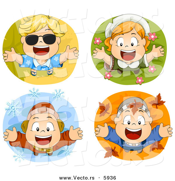 Vector of 4 Unique Happy Seasonal Kids - Cartoon Styled Digital Collage