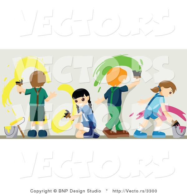 Vector of 4 Young Kids Painting a Wall with Bright Paint