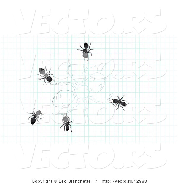 Vector of 5 Ants Crawling over Drawing of an Ant on Graph Paper