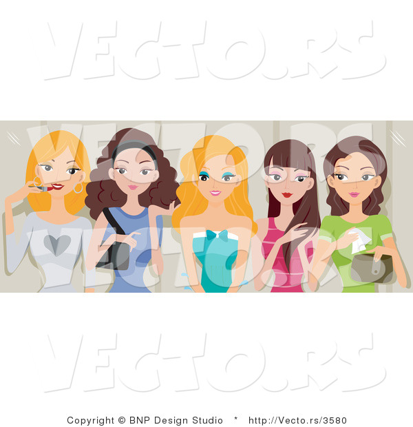 Vector of 5 Pretty Girls Talking While Applying Makeup in a Restroom