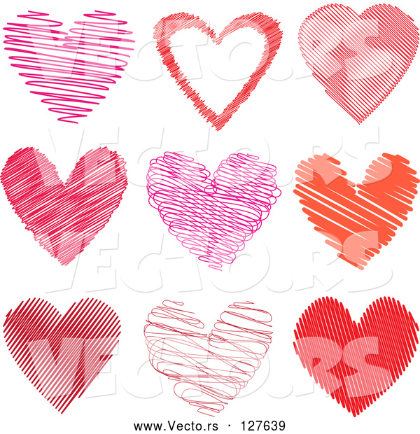 Vector of 9 Scribble Hearts in Pink and Red - Digital Collage