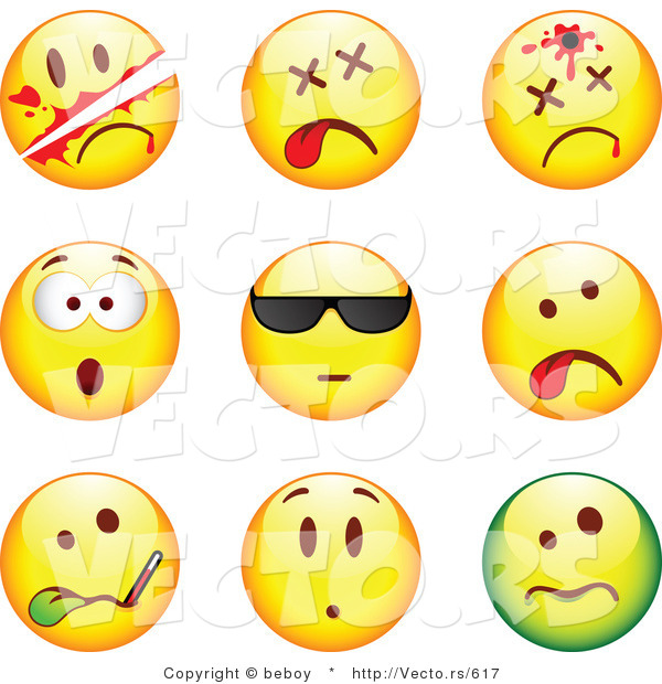 Vector of 9 Smileys; Killed, Bullet to the Head, Shocked, Cool, Ill, Upset