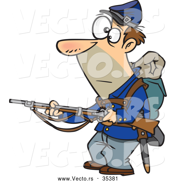 Vector of a Alert Cartoon Union Soldier Pointing a Rifle While Looking Somewhat Scared