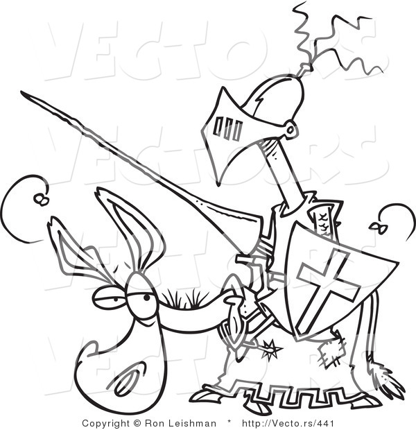 Vector of a Amateur Cartoon Knight on a Donkey - Coloring Page