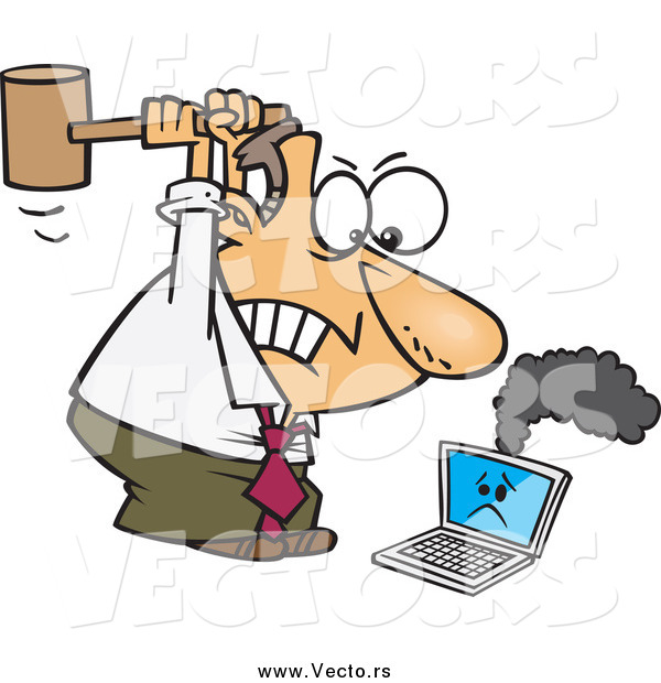 Vector of a Angry Caucasian Businessman Whacking a Broken Laptop with a Mallet