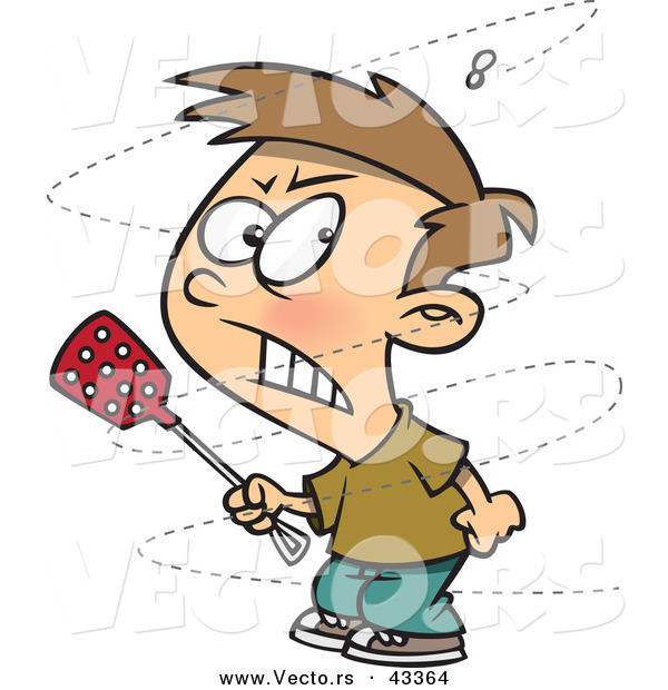 Vector of a Annoyed Cartoon Boy Trying to Swat and Kill a Buzzing Fly