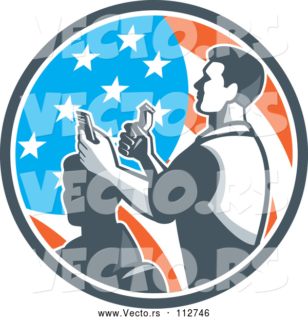 Vector of a Barber Man Cutting a Client's Hair with Clippers in an American Flag Circle