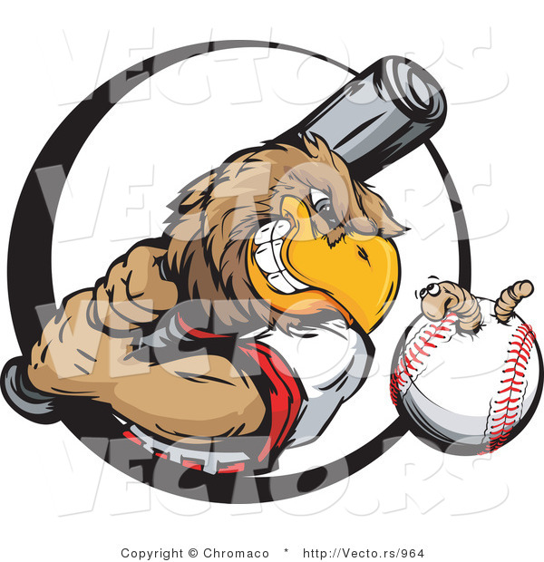 Vector of a Baseball Eagle Mascot Swinging Bat at Earthworm in Ball