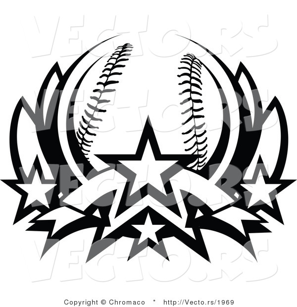 Vector of a Baseball Lotus with 4 Stars - Black and White