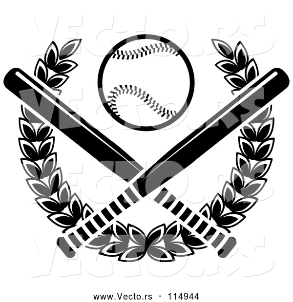 Vector of a Baseball over Crossed Bats and a Laurel Wreath - Black and White