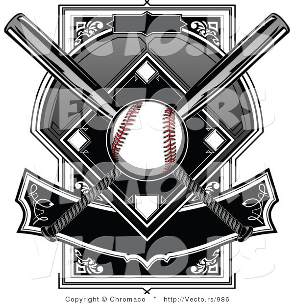 Vector of a Baseball over Two Crossed Bats over a Plate with Banner