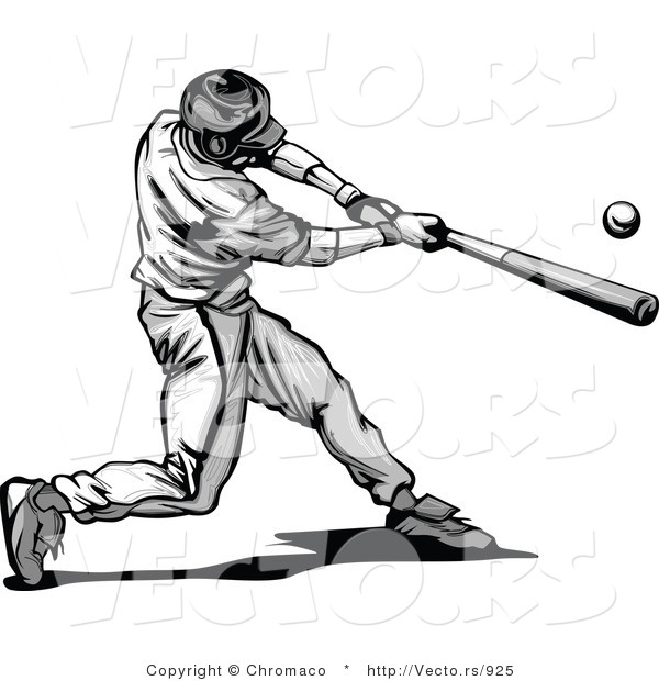Vector of a Baseball Player Hitting Ball with Bat - Grayscale