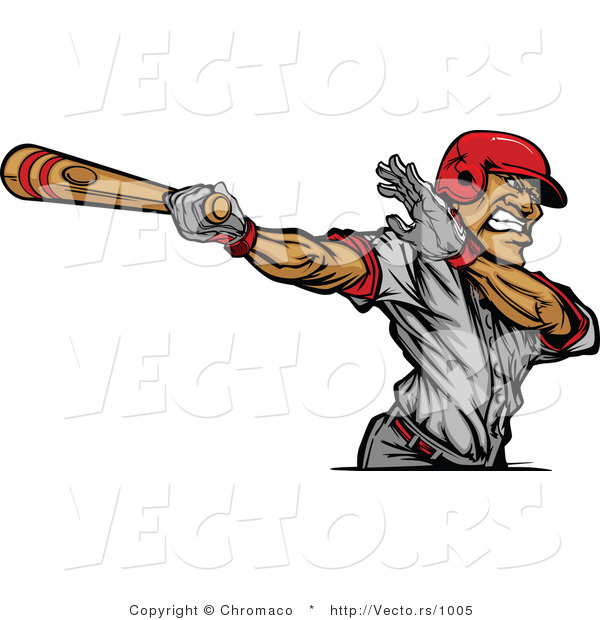 Vector of a Baseball Player Swinging a Wooden Bat at Ball
