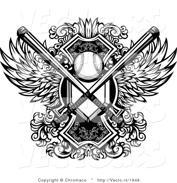 Vector of a Baseball with Crossed Bats and Home Base Plate over a Winged Shield - Black and White