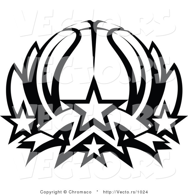Vector of a Basketball Lotus with Stars - Black and White Line Drawing