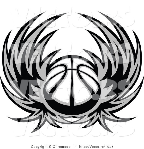 Vector of a Basketball with Wings - Grayscale