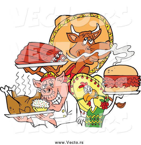 Vector of a BBQ Chef Chicken Pig and Cow Holding Ribs Roasted Bird and Pulled Pork Burger