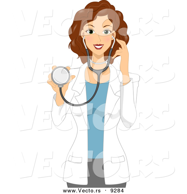 Vector of a Beautiful Brunette Caucasian Female Doctor or Veterinarian Holding a Stethoscope